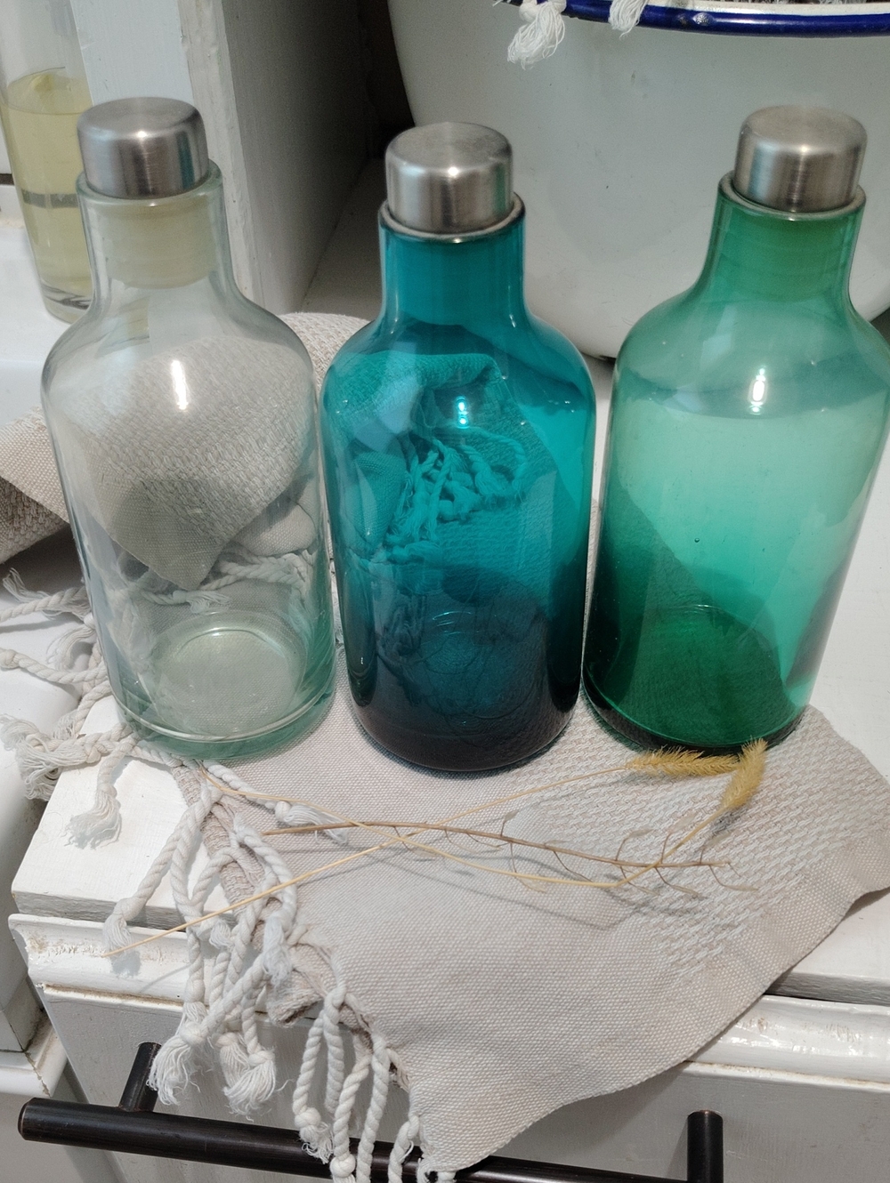 Set of Three Decorative Apothecary Glass Bottles
